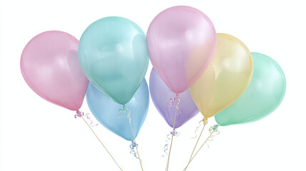 Set of five pastel balloons in different colors tied together with string, semi-transparent style, transparent background