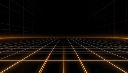 Dark, gridded corridor with golden lines.  Perspective view