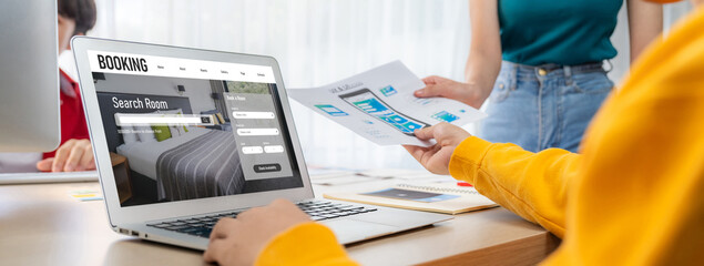 Online hotel accommodation booking website provide brisk reservation system . Travel technology concept .