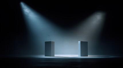 Premium image of speech podiums in spotlight and covered in shadow. Political competition and debate concept.