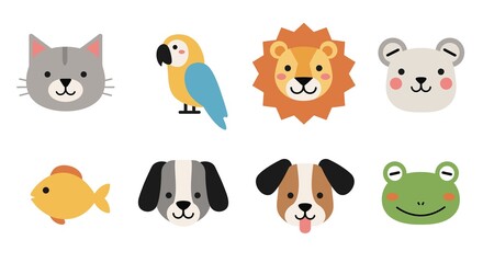 Funny vector cartoon set with various cute baby animals, including dogs, cats, birds, and a tiger