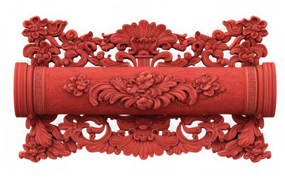 An intricate red ornate carving with floral patterns, isolated on a transparent background