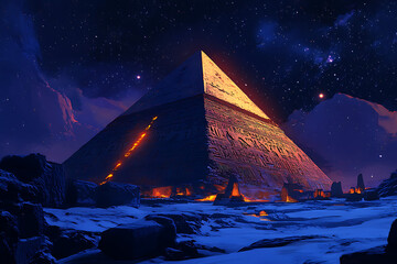 Egyptian pyramids under a starry desert night sky with mountains and a full moon landscape
