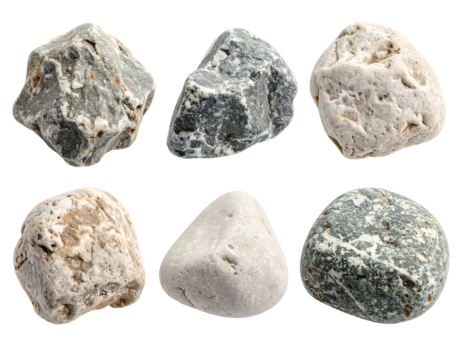 Six Volcanic Rocks: Close-Up Textures & Colors PNG, Transparent Background.