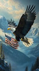 Soaring American bald eagle with outstretched wings against a blue sky, a symbol of freedom