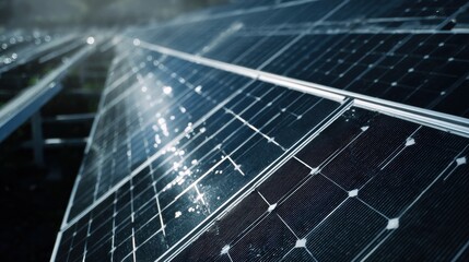 Premium image of solar power plant panel close-up view background. Electric solar battery station panels cells. Clean ecological electricity production, renewable energy concept.