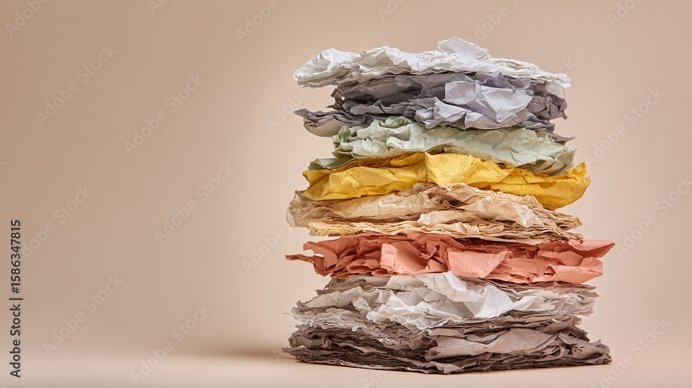 Poster stack of wrinkled colored paper: an artistic composition highlighting textures and hues with an abst