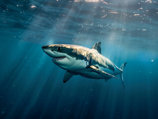 great white shark underwater, powerful presence, deep blue ocean