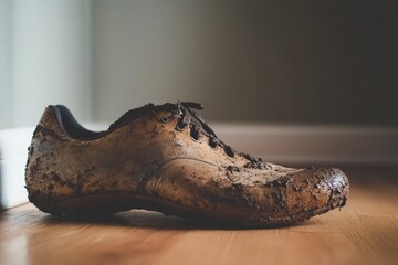 A single cycling shoe, caked in thick mud, rests on a clean wooden floor after a dirty ride outdoors.