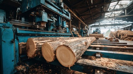 Premium image of wood log cutting in sawmill. Industrial lumber production.