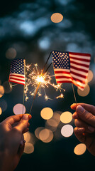 Fourth of July fireworks illuminate the night sky as the American flag proudly waves, a symbol of freedom for the United States