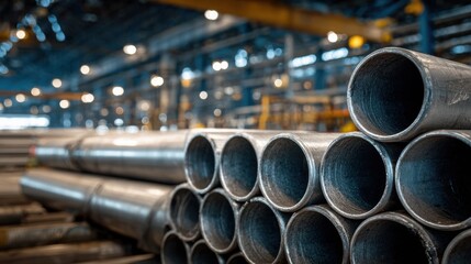 Premium image of close-up view of metallic pipes stacked in a manufacturing facility, showcasing industrial machinery in a productive environment.