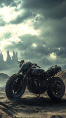 A lone red chopper on the open road, a desert bike, and a sport motorcycle soaring through the sky