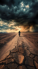 A lone figure walks across a vast landscape, from sandy beaches to arid deserts and winding roads, under an expansive sky