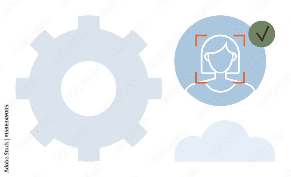 Poster gear icon, user profile inside a circle with facial recognition markers and checkmark, and cloud ele