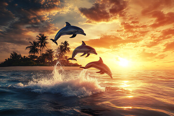 Silhouette of a surfer on the beach at sunset, with a seagull flying across the vibrant sky