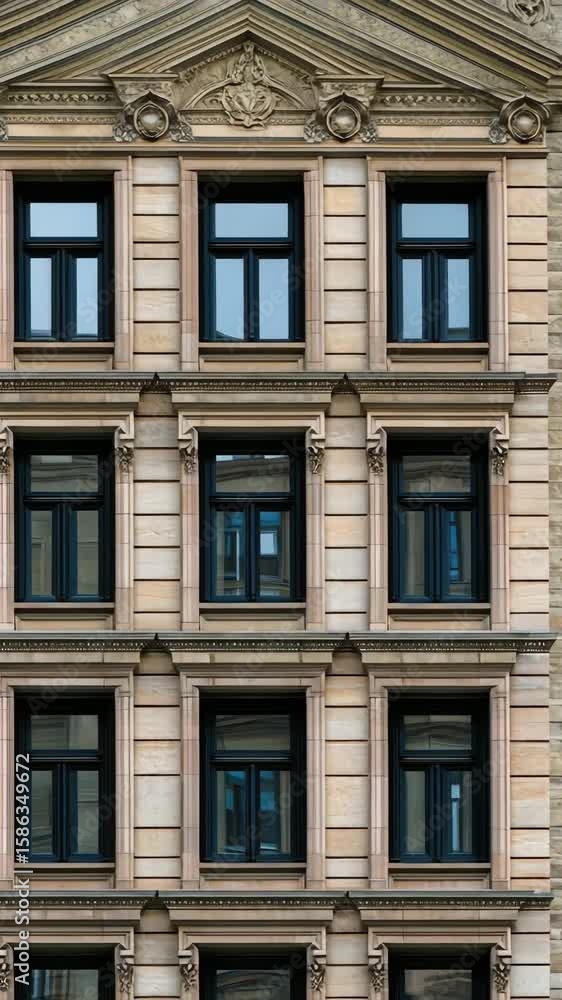 Poster explore the intricate design of a building's facade showcasing a pattern of elegant windows and arch