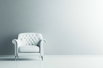 A solitary white, tufted armchair sits in a minimalist room with a grey wall, creating a clean, modern aesthetic.