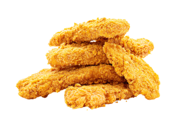 a pile of fried chicken sticks on a white surface