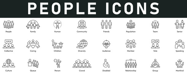 People Icons vector illustration with thin line editable stroke contains family, human, community, team, caring, children, diversity, audience, member, crowd, relationship, group, culture, queue, vote
