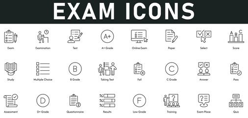 Exam Icons vector illustration with thin line editable stroke contains examination, test, A+, B, C, D+, F grade, online exam, paper, select, score, study, fail, pass, answer, assessment, questionnaire