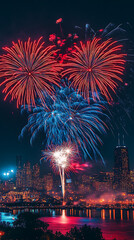 Colorful pyrotechnic displays illuminate the night sky over the city and river, a beautiful celebration of light