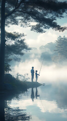 Fishermen enjoy their leisure activity, casting rods into the tranquil water of a lake or the vast expanse of the sea, their silhouettes against the vibrant sunset sky