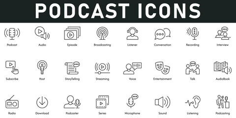 Podcast Icons vector illustration with thin line editable stroke contains audio, episodes, broadcasting, conversation, interview, streaming, talk, sound, microphone, host, storytelling, entertainment