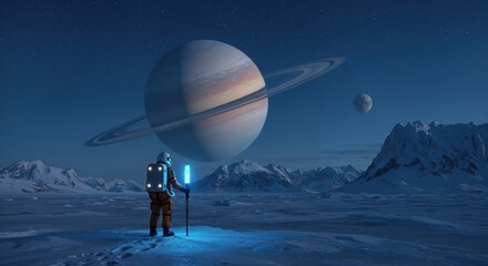 Astronaut on a snowy planet with mountains and a ringed planet in the sky. Space exploration concept.