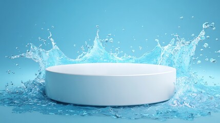 Premium image of white circular podium splashing in clear blue water droplets against a light blue background, water splash concept with copy space, 3D render.
