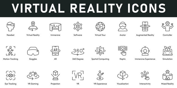 Virtual reality Icons vector illustration with thin line editable stroke contains headset, immersive, avatar, augmented reality, controller, motion tracking, visualization, VR experience, projection