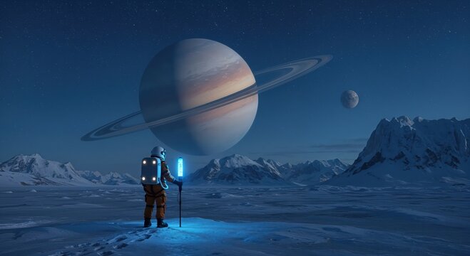 Astronaut on a snowy planet with mountains and a ringed planet in the sky. Space exploration concept.