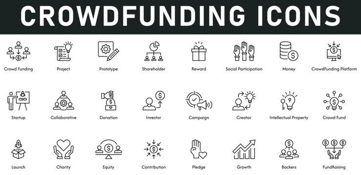 Crowdfunding Icons vector illustration with thin line editable stroke contains project, shareholder, reward, social participation, money, platform, startup, collaborative, donation, campaign, launch