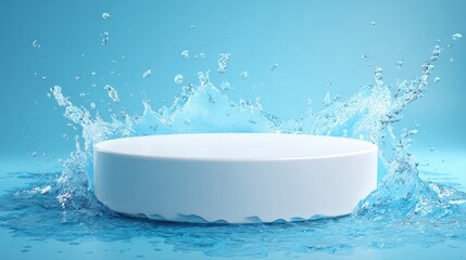 Premium image of white circular podium splashing in clear blue water droplets against a light blue background, water splash concept with copy space, 3D render.
