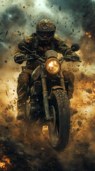 Motocross rider riding motorcycle on dirt road in desert environment