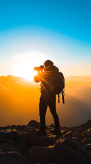 Silhouette of a man with backpack standing on mountain top at sunset