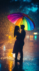 Young couple kissing under umbrella at night with moon and sky background