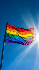 Rainbow flag waving in the wind against a blue sky symbolizing pride and patriotism