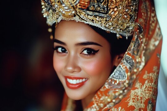 Close up portrait of smiling Indonesian bride wearing traditional gold headwear and orange veil