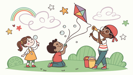 Fototapeta premium Illustration of children playing with bubbles and a kite under a rainbow and stars in a park setting
