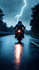 Motorcycle rider speeding on the beach road with helmet and clear sky