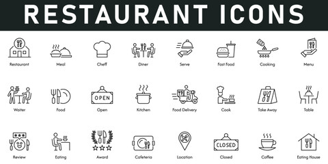 Restaurant Icons vector illustration with thin line editable stroke contains meal, chef, diner, serve, fast food, cooking, menu, waiter, food, open, kitchen, location, award, review, table, take away