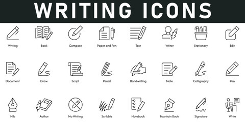 Writing Icons vector illustration with thin line editable stroke contains book, compose, text, writer, stationery, edit, documents, draw, script, pencil, note, calligraphy, pen, nib, author, scribble