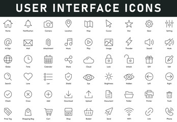 User Interface Icons vector illustration with thin line editable stroke contains home, notification, camera, location, phone, WIFI, shop, download, add, eye, love, search, cloud, edit, lock, share