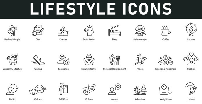 Lifestyle Icons vector illustration with thin line editable stroke contains diet, healthy lifestyle, exercise, brain health, sleep, relationship, routine, leisure, weight loss, wellness, habits, fit