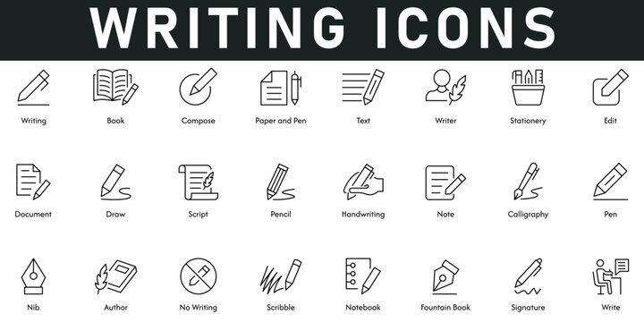Writing Icons vector illustration with thin line editable stroke contains book, compose, text, writer, stationery, edit, documents, draw, script, pencil, note, calligraphy, pen, nib, author, scribble