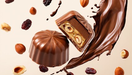 Two chocolates with splash, nuts and raisins in the air