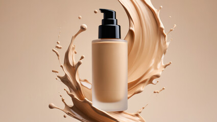 Mockup of foundation bottle with beige liquid splash