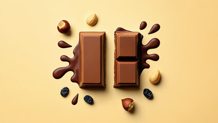 Top view of chocolate with nuts and chocolate splash