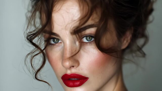 Elegant Woman with Red Lips Looking at Camera in Close-Up